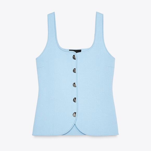 NWOT Zara Knit Corset Tank Top Light Blue Silver Button Front Size Small Pastel - Picture 1 of 15